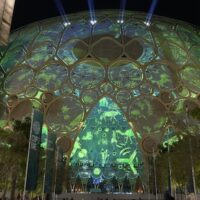 Lights shine from Al Wasl Dome at Expo City at the Cop28 UN Climate Summit