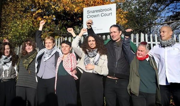 | Palestine Action defendants including Huda Ammori 4th from right outside court Photo Martin Pope via Getty Declassified UK | MR Online