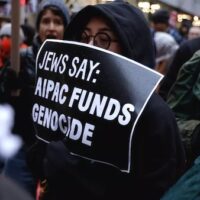 Protesters demonstrate outside of the New York office of the American Israel Public Affairs Committee (Aipac), a pro-Israel lobby group, for its role in influencing US support for Israel during the ongoing assault on Gaza, on 22 February 2024 (John Lamparski/Reuters)