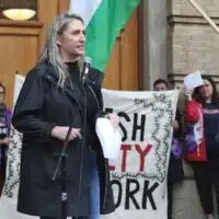 OFL president Laura Walton speaks at a rally in support of UofT students on Monday, May 27. Credit: OFL / X Credit: OFL / X