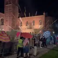 Zionist counter protesters launch fireworks at UCLA Gaza Solidarity Encampment (Screenshot via @FilmThePoliceLA)