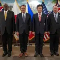 Left to right: Secretary of Defense Lloyd Austin III, Australian Deputy Prime Minister and Defense Minister Richard Marles, Japanese Defense Minister Kihara Minoru, and Secretary of National Defense of Philippines Gilbert Teodoro pose for a group photo at U.S. Indo-Pacific Command headquarters, Camp H.M. Smith, Hawaii, May 2, 2024. Photo: Air Force Tech. Sgt. Jack Sanders, DOD