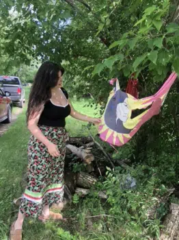 | Marina Johnson Zafiris and the Womens Warrior Flag that hangs at Jackie Halls land back encampment at Tsikarístisere Dundee | MR Online