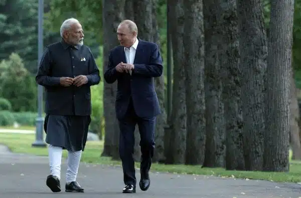 | President Vladimir Putin R and Prime Minister Narendra Modi L took a walk in the woods at the presidential estate in Novo Ogaryovo Moscow Region July 8 2024 | MR Online