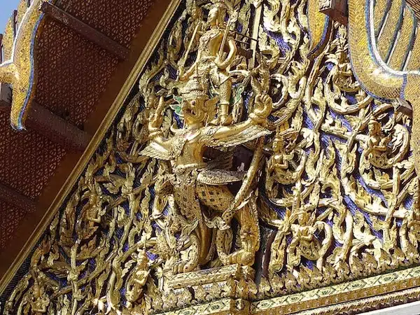 | The Hindu god Narayana or Vishnu on the back of a Garuda the mount of Vishnu depicted on one of the pediments in Wat Phra Si Rattana Satsadaram the most sacred Buddhist temple in Thailand | MR Online