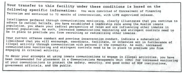 | Asif Salims Notice to Inmate of Transfer to a Communications Management Unit which informs a person why they are being transferred to a CMU He said he was given the notice weeks after hed already been transferred to the CMU The BOP never provided any evidence for the claims they made and Salim vehemently denies the allegations against him in the document Provided by Salim | MR Online