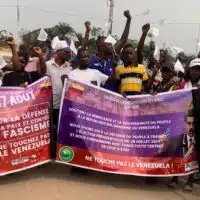 In Kinshasa, in the Democratic Republic of the Congo, the League of Young Peasants of the DRC rally in solidarity with Venezuela (Photo via International Peoples' Assembly/X)