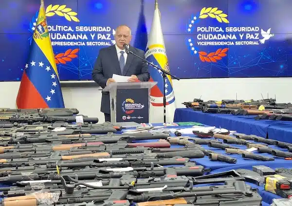 | Venezuelan Interior Minister Diosdado Cabello addresses the media in front of some of the 400 seized firearms linked to an alleged assassination plot MPPRIJP | MR Online