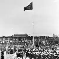 The flag of the People's Republic of China is raised over Tiananmen Square for the first time on October 1, 1949.