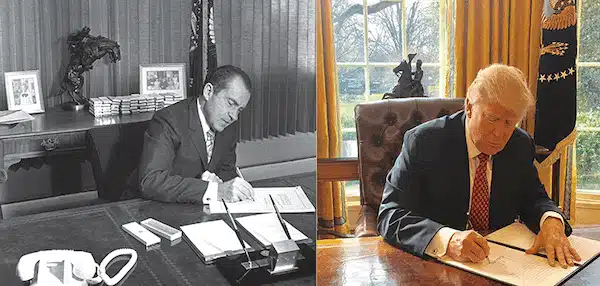 | President Richard Nixon signs the National Environmental Policy Act NEPA on January 1 1970 Credit US Department of Agriculture public domain President Donald Trump signs Executive Order 13780 on March 6 2017 barring travel indefinitely from seven countries Credit White House public domain | MR Online